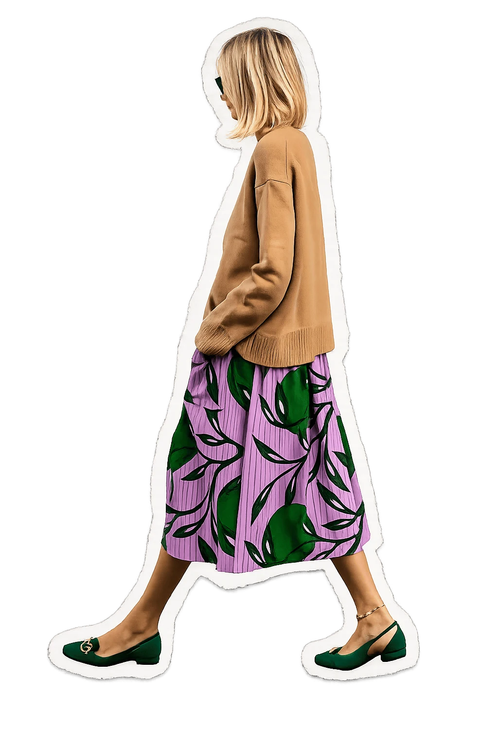 Creator vestindo sweater caramelo e saia estampada — uso real do guarda-roupa